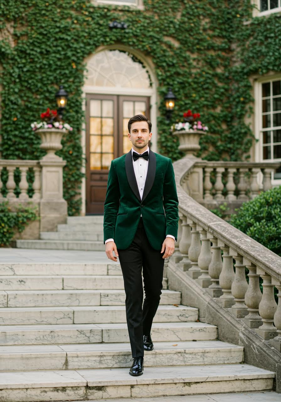 Regal groom in forest green velvet dinner jacket with black satin lapels descending marble steps of elegant mansion
