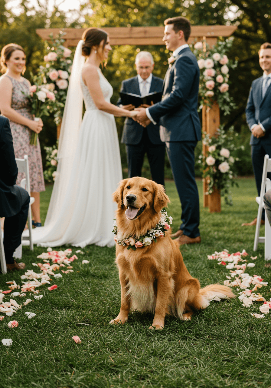 Golden retriever wearing floral collar sitting obediently at feet of bride and groom during outdoor wedding ceremony