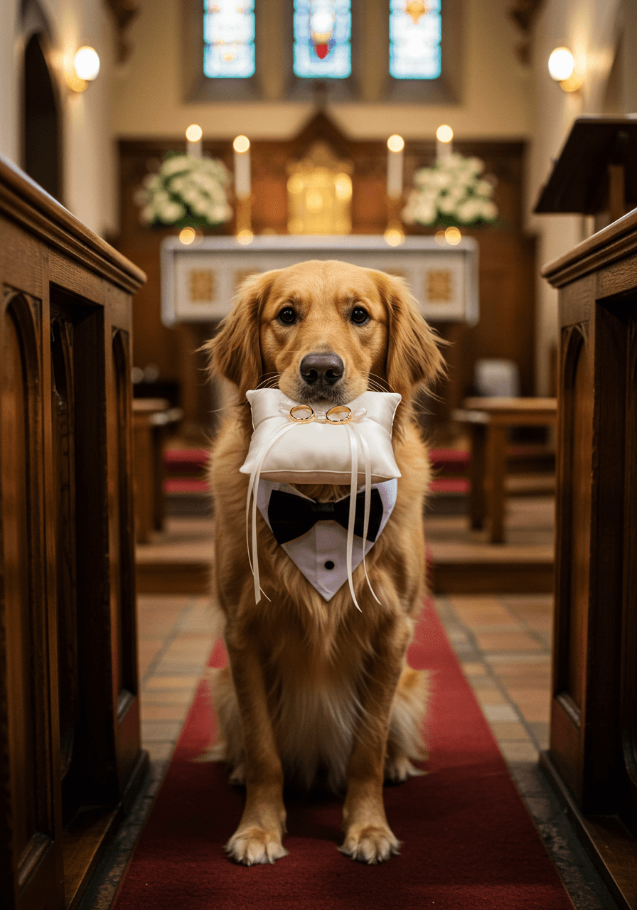 Golden retriever in black bow tie holding ivory ring pillow at elegant chapel altar with stained glass window lighting