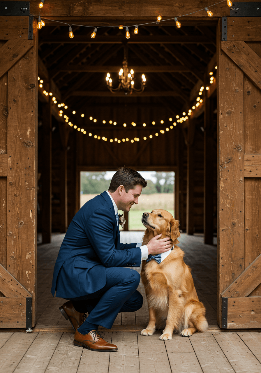Groom in navy suit kneeling to greet golden retriever in barn doorway with wooden beams and string lights