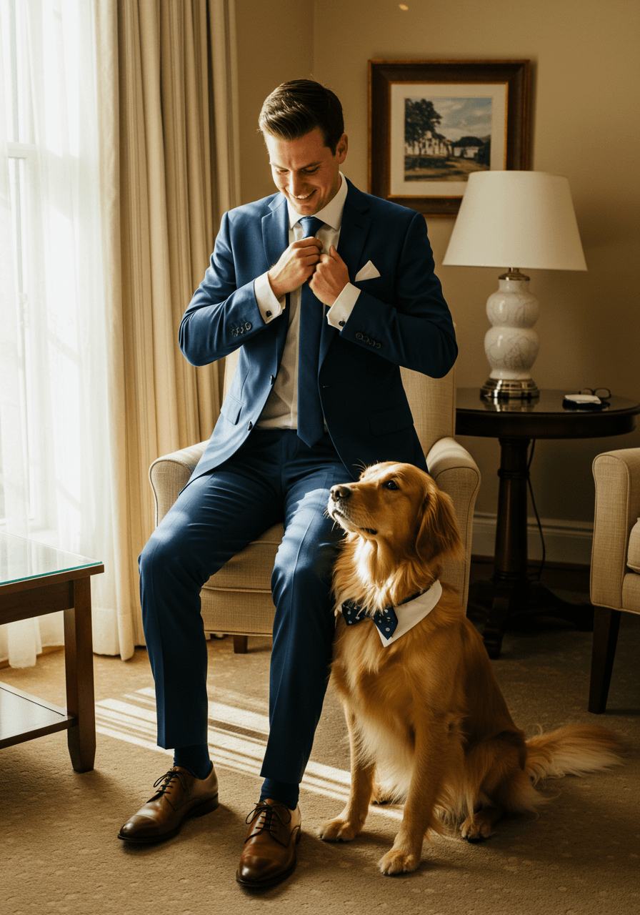 Groom adjusting tie while golden retriever in matching navy bow tie sits beside him in hotel suite