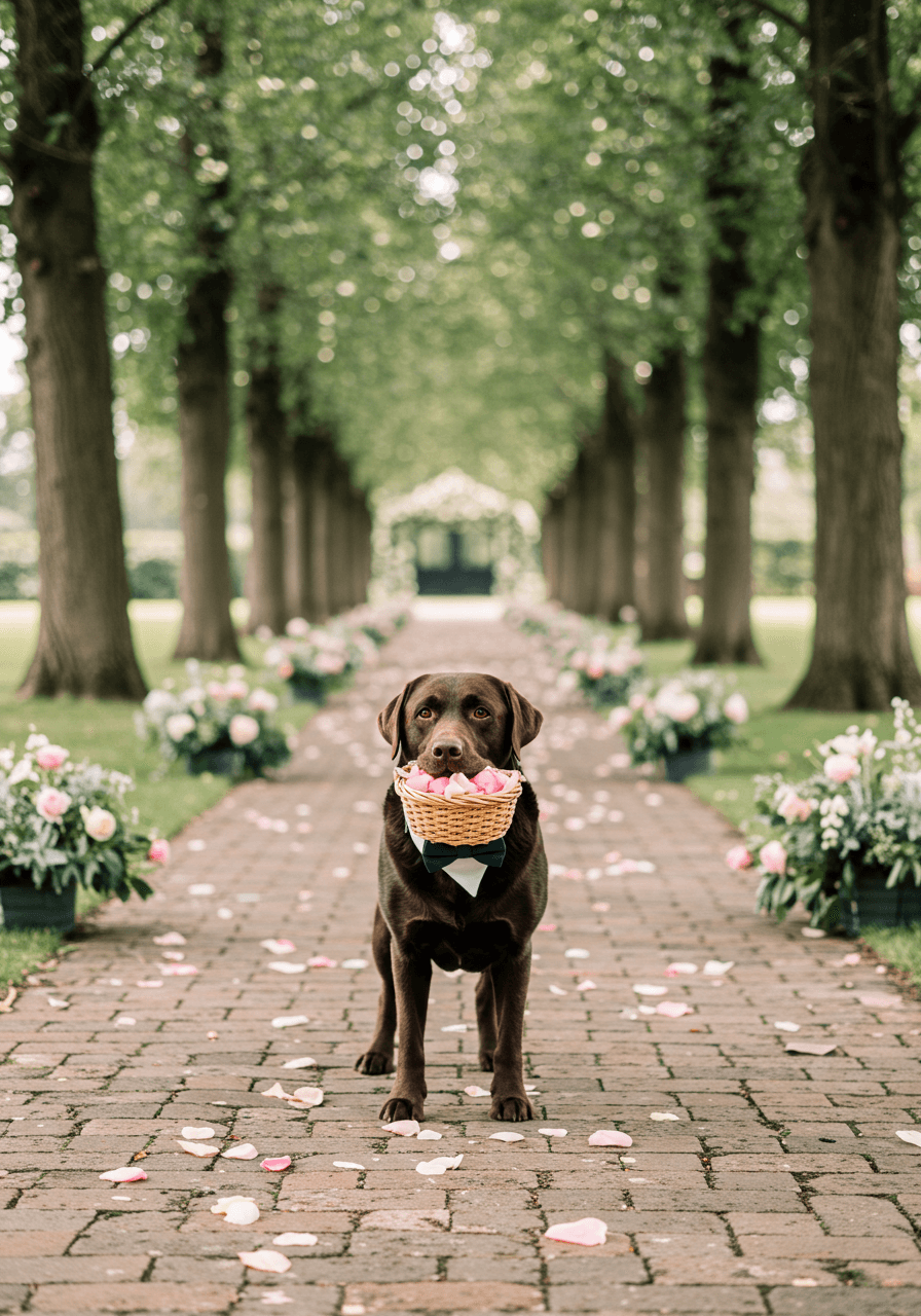 Chocolate labrador wearing navy bow tie holding basket of rose petals on tree-lined pathway to wedding venue