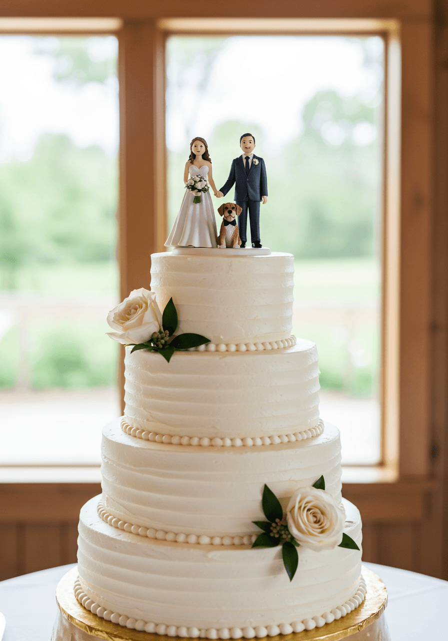 Custom wedding cake topper featuring bride, groom, and dog figurines on elegant three-tier white cake