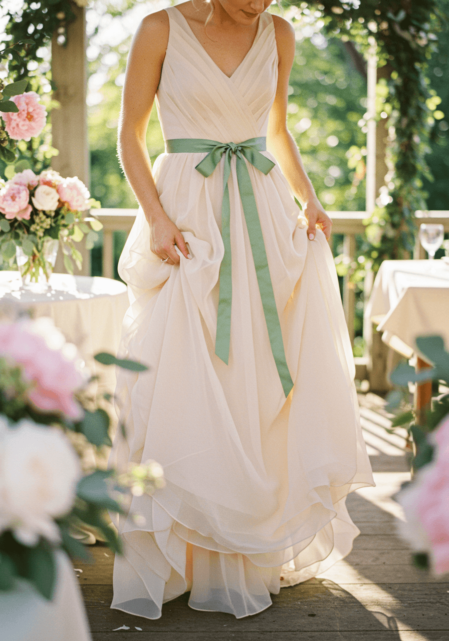 Close-up detail of bride's blush chiffon wedding dress fabric with delicate sage green silk ribbon accents