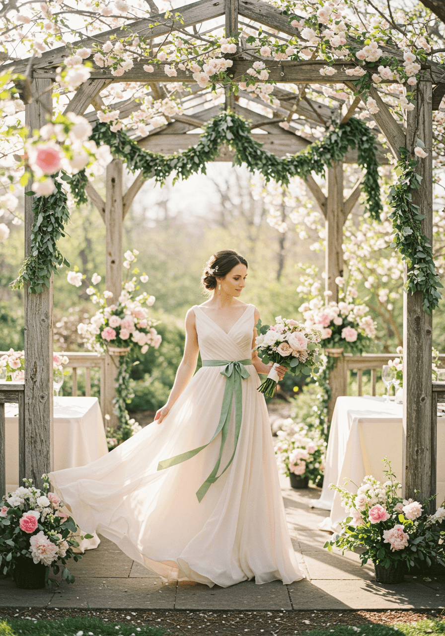 Bride in flowing blush pink chiffon wedding dress with sage green ribbon details standing in sunlit garden pavilion surrounded by spring flowers