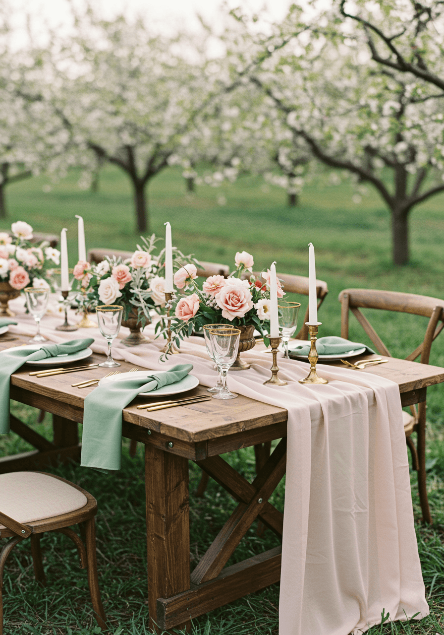 Wide view of rustic farm table wedding reception setup with blush and sage color scheme in spring orchard setting