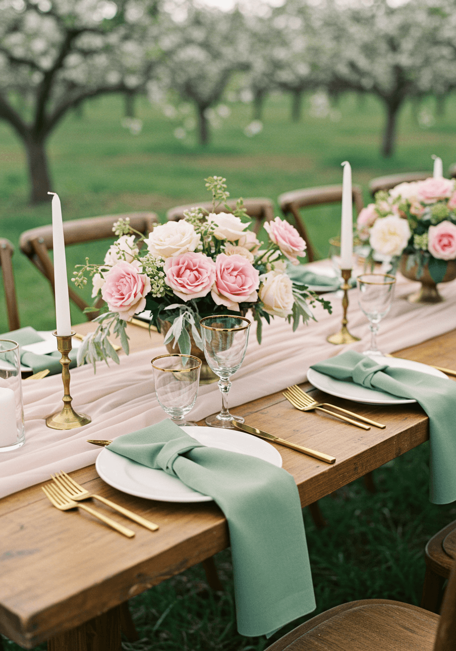 Elegant wedding tablescape with blush pink silk table runners and sage green napkins on rustic wooden farm table in blooming orchard