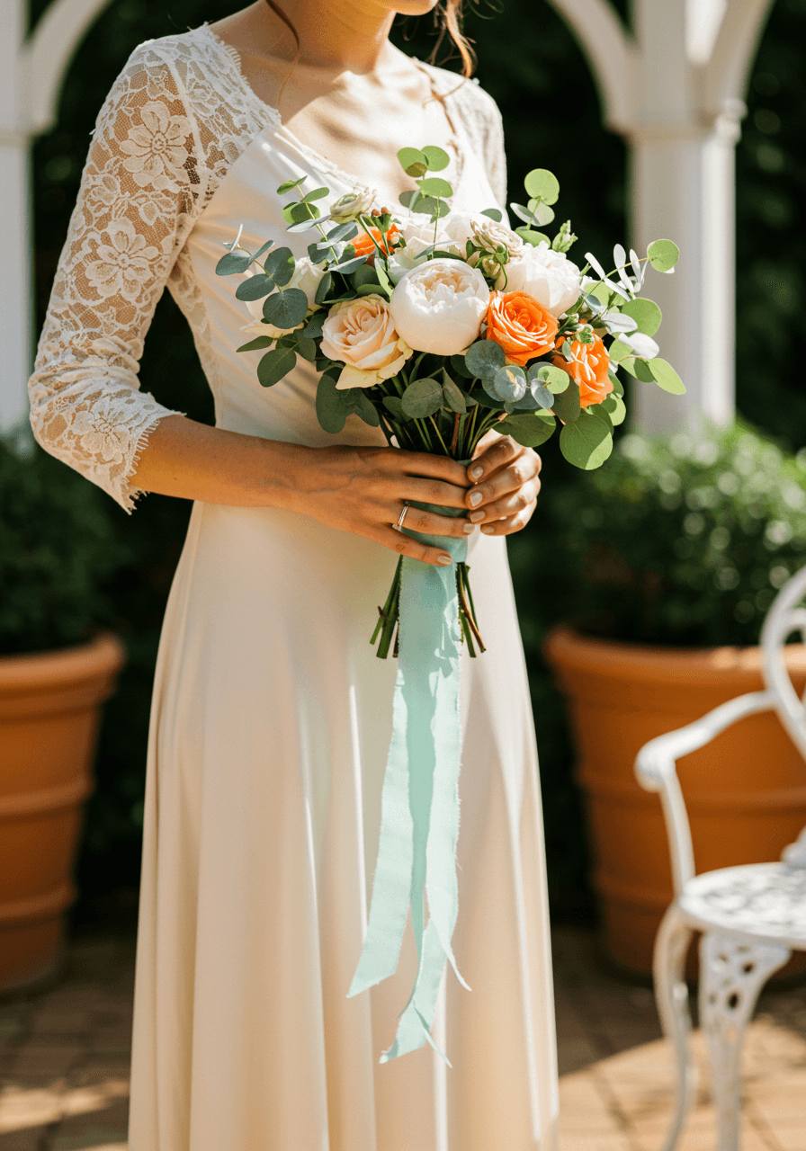 Close-up of bride's hands holding mint, white, and terracotta bridal bouquet with soft natural lighting
