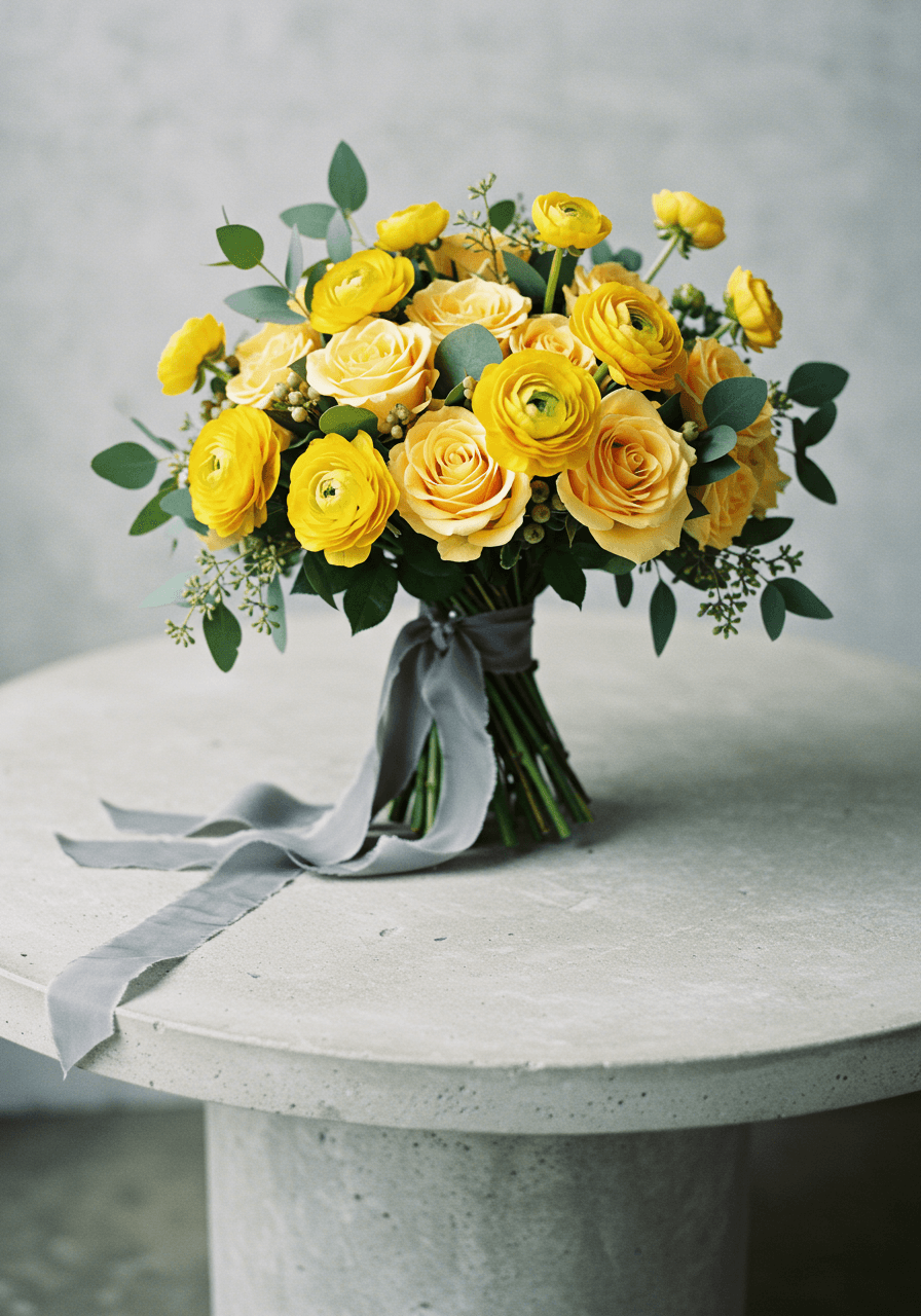 Wide view of contemporary yellow and grey bridal bouquet arrangement with minimalist concrete backdrop