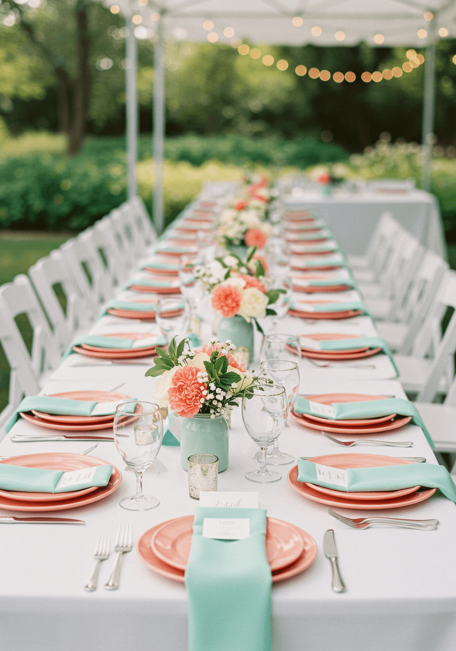 Wide view of coral and mint garden wedding tablescape with gold flatware and small floral centrepieces