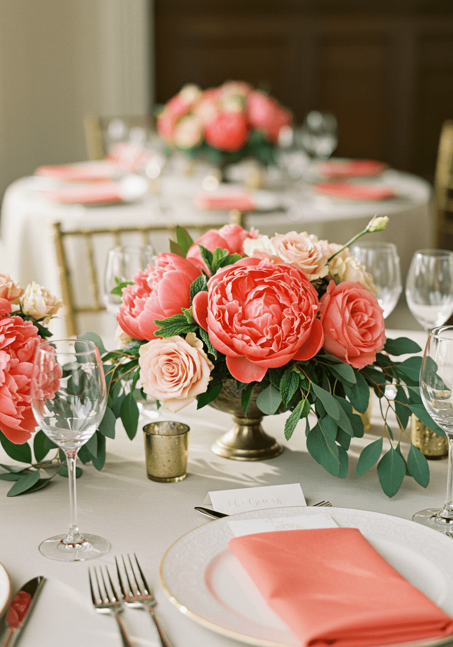 Wedding reception centerpiece with vibrant coral pink peonies and roses arranged with fresh mint eucalyptus on ivory linen table