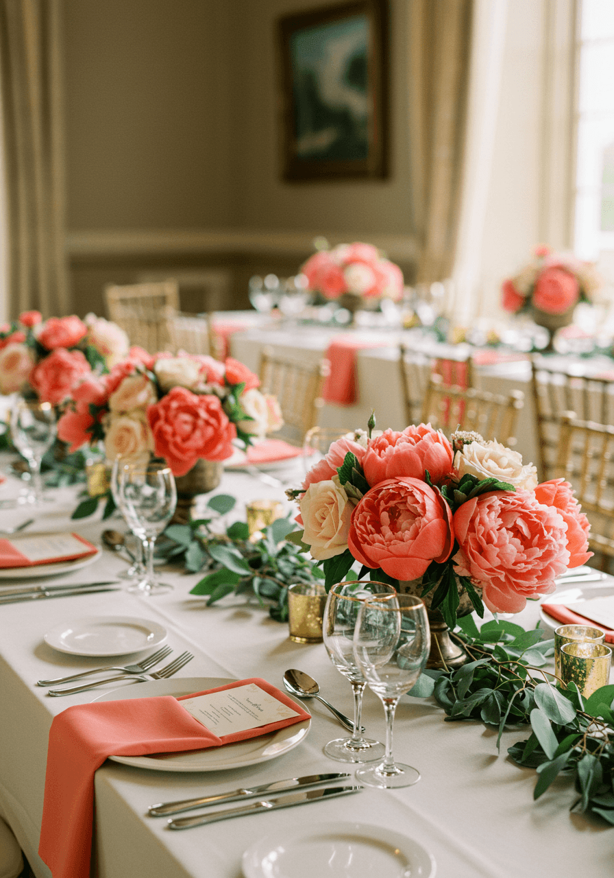 Medium view of coral and mint wedding tablescape with elegant floral arrangements and gold accents