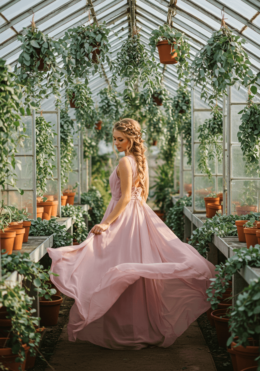 Bride in flowing dusty rose chiffon dress with eucalyptus in braided hair standing in sun-drenched greenhouse with hanging garlands