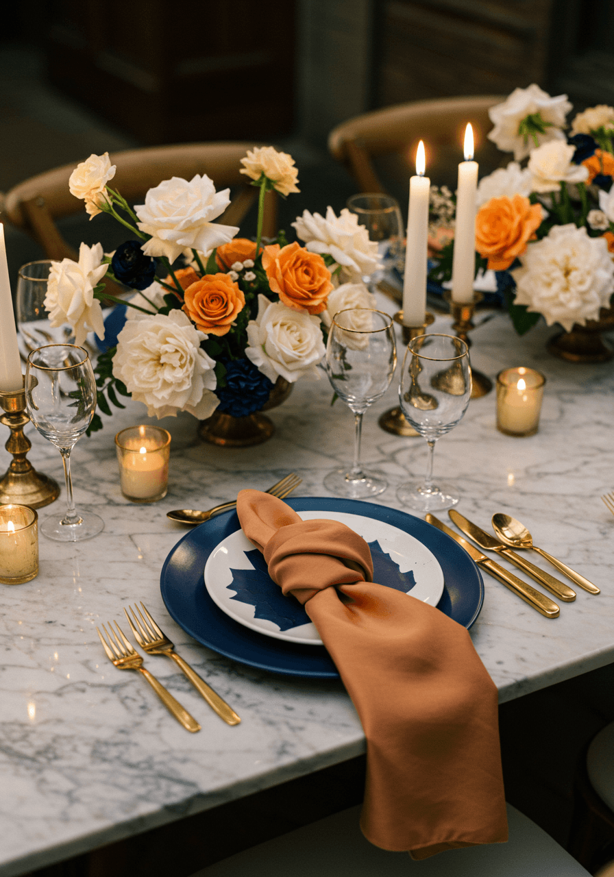 Elegant wedding tablescape featuring apricot silk napkins and navy charger plates on marble table in refined indoor venue
