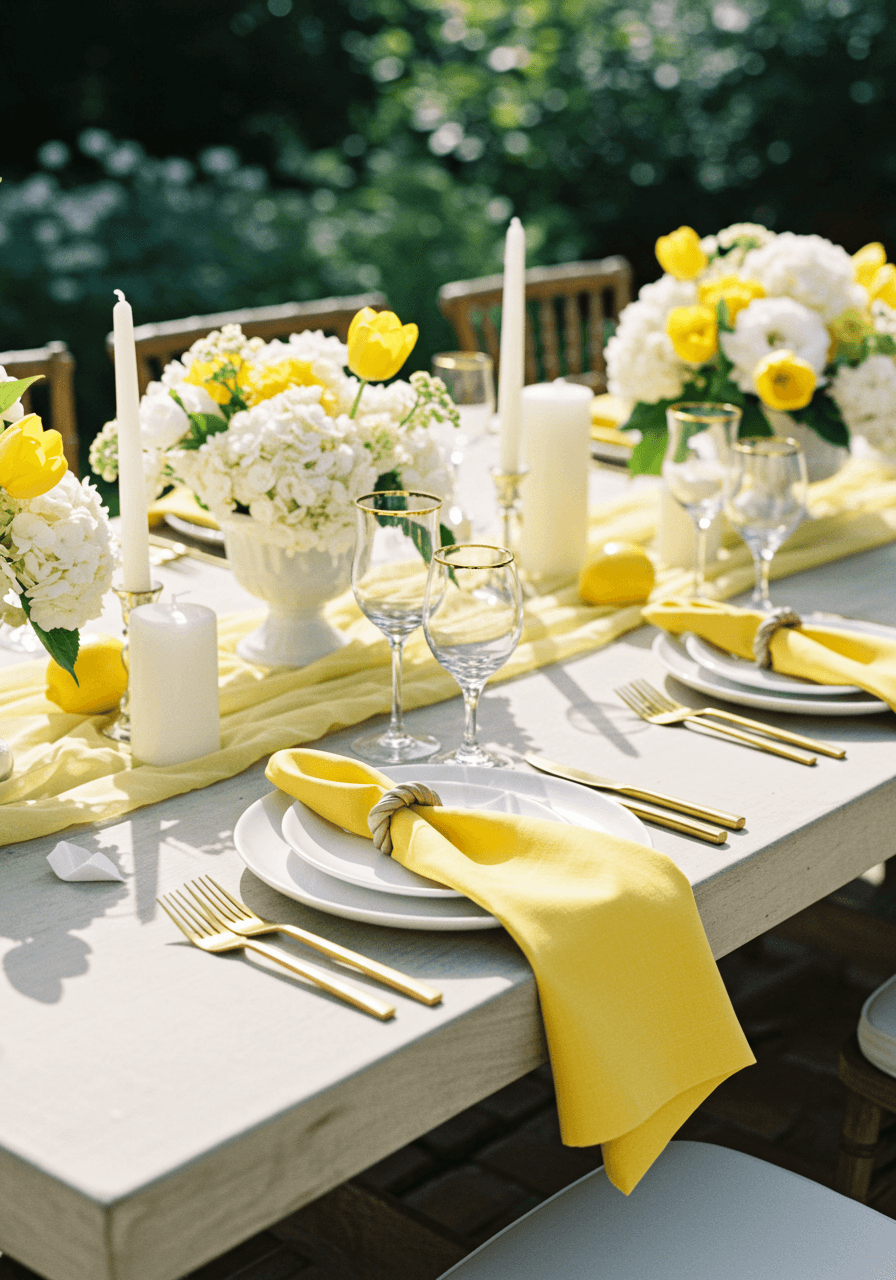 Elegant wedding tablescape with lemon yellow napkins and white porcelain on farmhouse table in bright garden terrace
