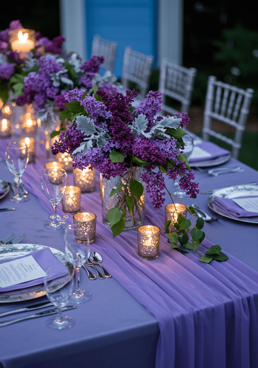 Elegant wedding tablescape with lilac linens and silver accents in outdoor garden pavilion during twilight hour