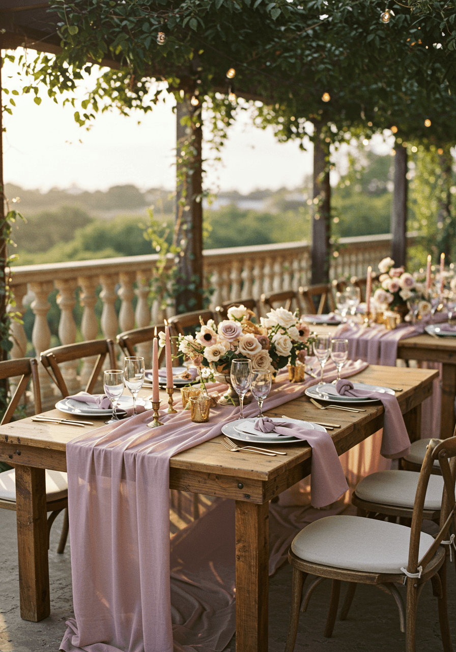 Wide view of mauve and champagne wedding reception setup on outdoor terrace with natural lighting