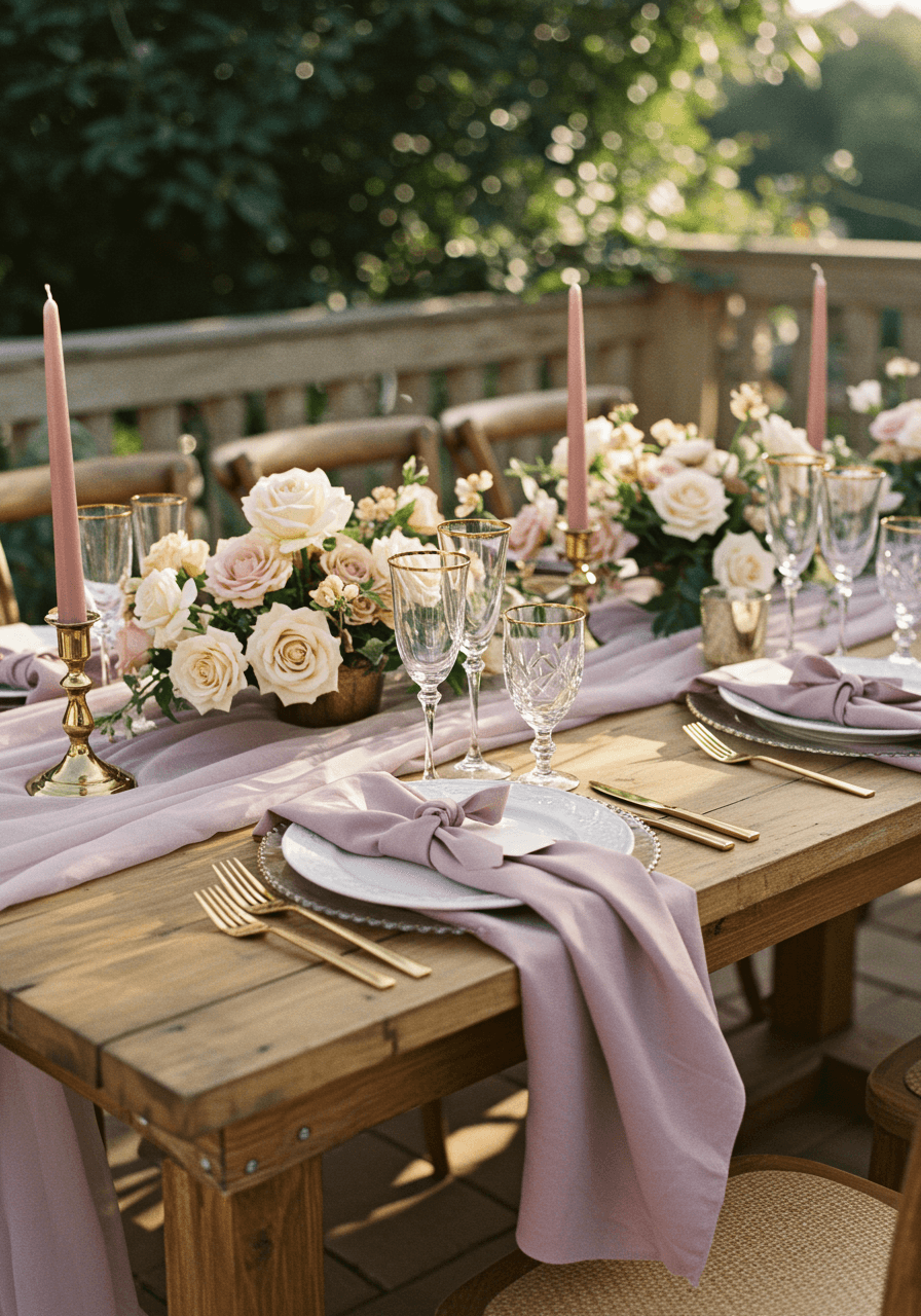 Elegant wedding tablescape with mauve linens and champagne glassware on rustic wooden table in sun-dappled terrace