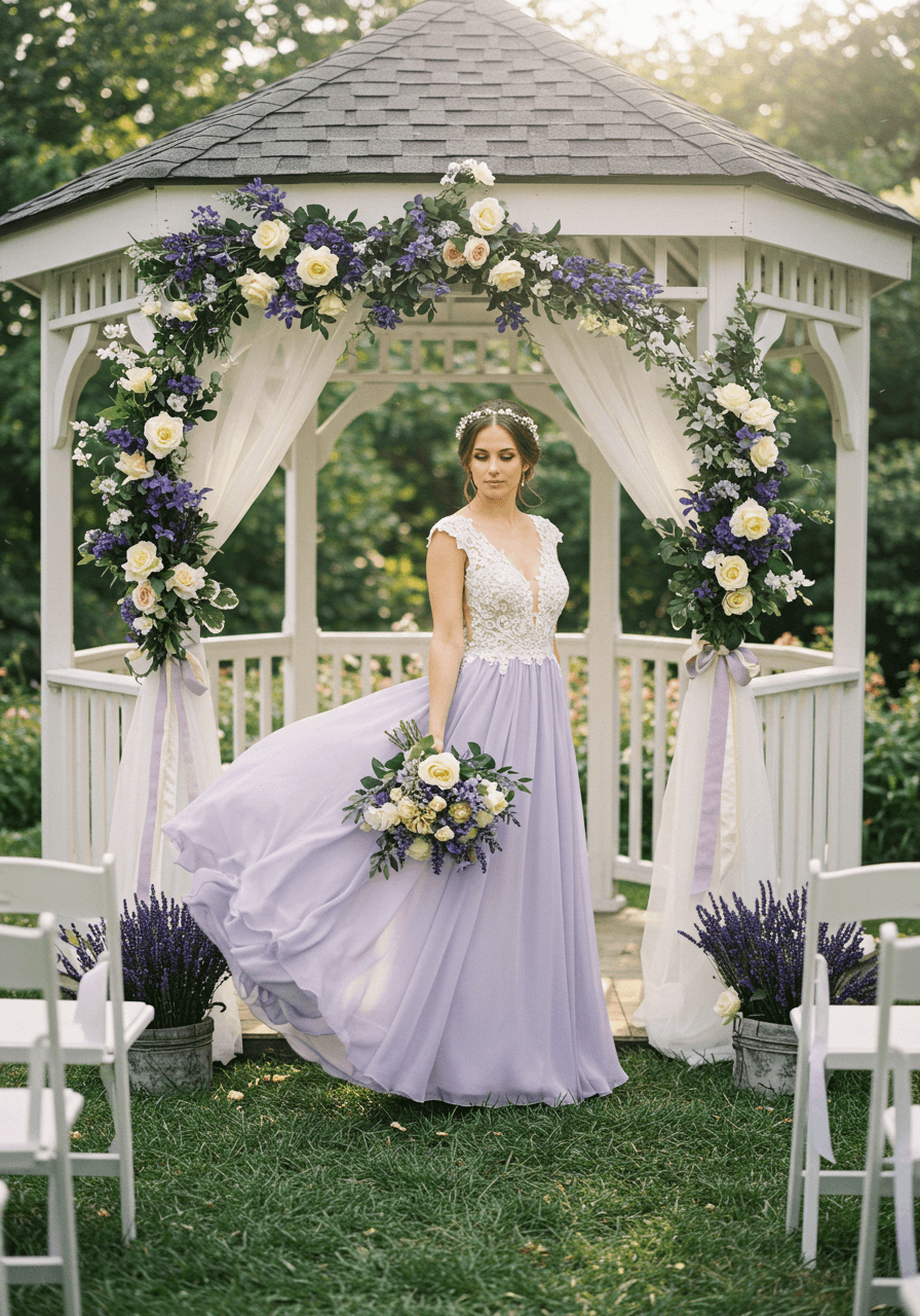 Bride wearing flowing lavender chiffon wedding dress with cream lace details in garden gazebo decorated with lavender and cream florals