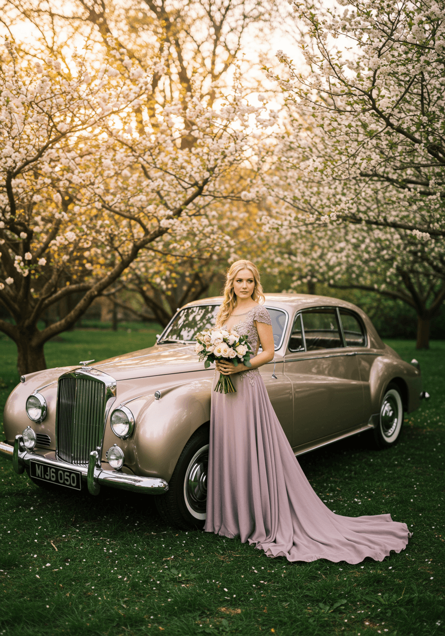 Bride in flowing mauve silk gown with champagne embroidered details beside elegant vintage champagne car in blooming spring garden
