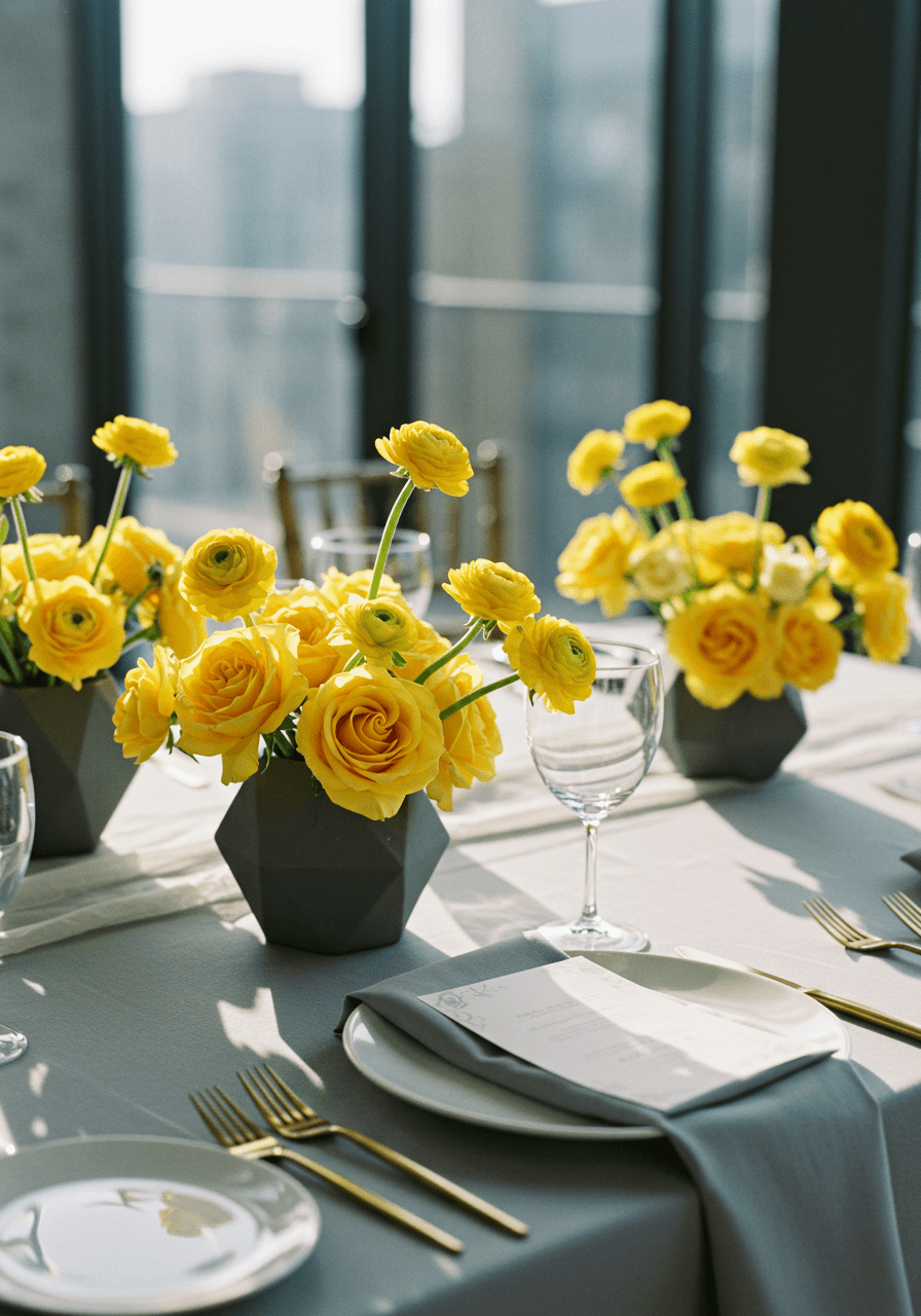 Modern wedding tablescape with grey linens and bright buttercup yellow centrepieces in geometric vases in urban venue
