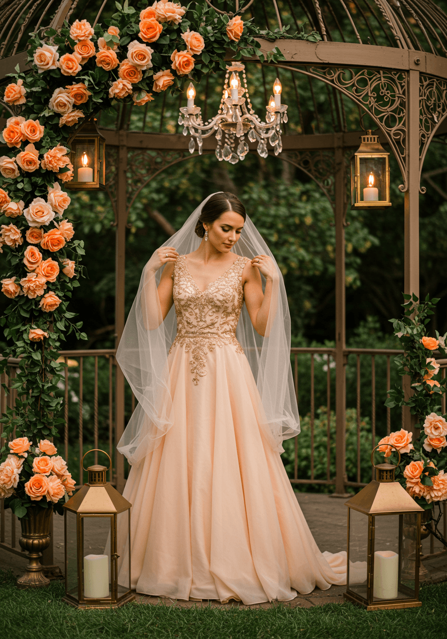 Close-up detail of bride's peach silk wedding dress showing gold embroidered accents and flowing fabric texture
