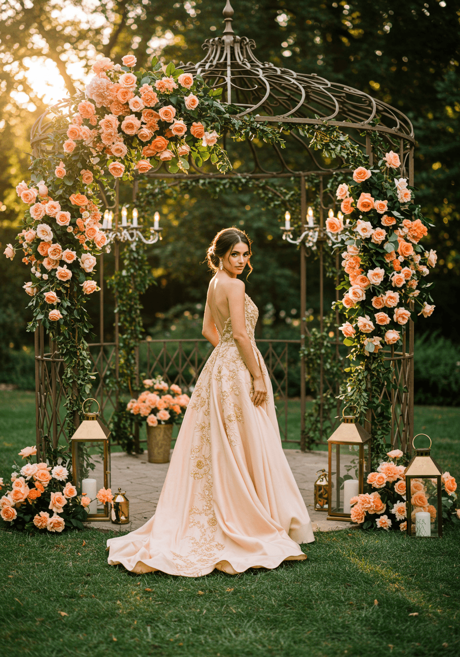 Bride in flowing peach silk wedding dress with gold embroidered details in elegant garden gazebo with peach roses and gold lanterns
