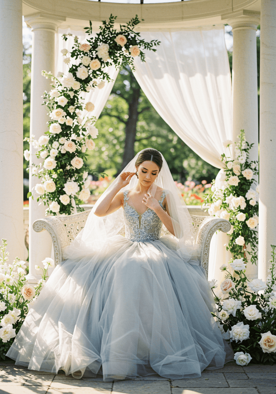 Close-up detail of periwinkle tulle wedding dress fabric with delicate nude undertones and flowing layers