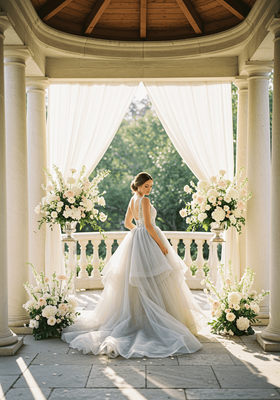 Bride in flowing periwinkle tulle gown with nude undertones in sunlit garden pavilion surrounded by white and blush florals