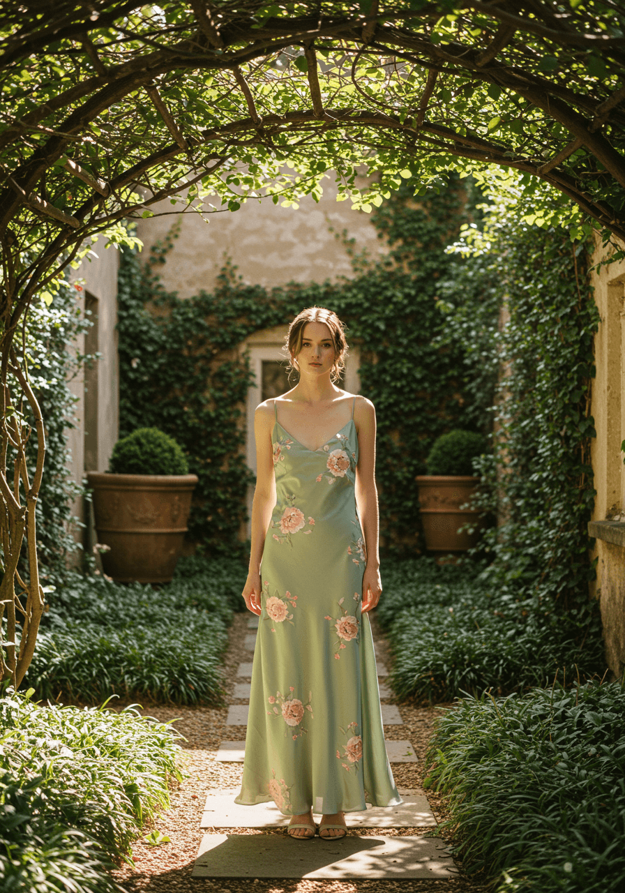 Bride in flowing sage green silk dress with rose quartz floral embroidery in sun-dappled garden courtyard during golden hour