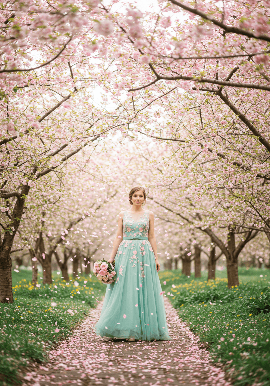 Bride in flowing seafoam green chiffon dress with blush pink embroidery standing among cherry blossom trees with falling petals