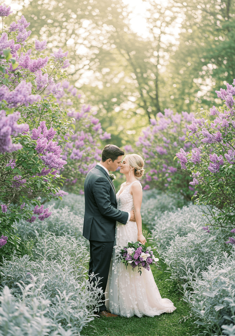 Bride and groom sharing romantic moment in spring garden surrounded by blooming lilac bushes and silver-leafed plants