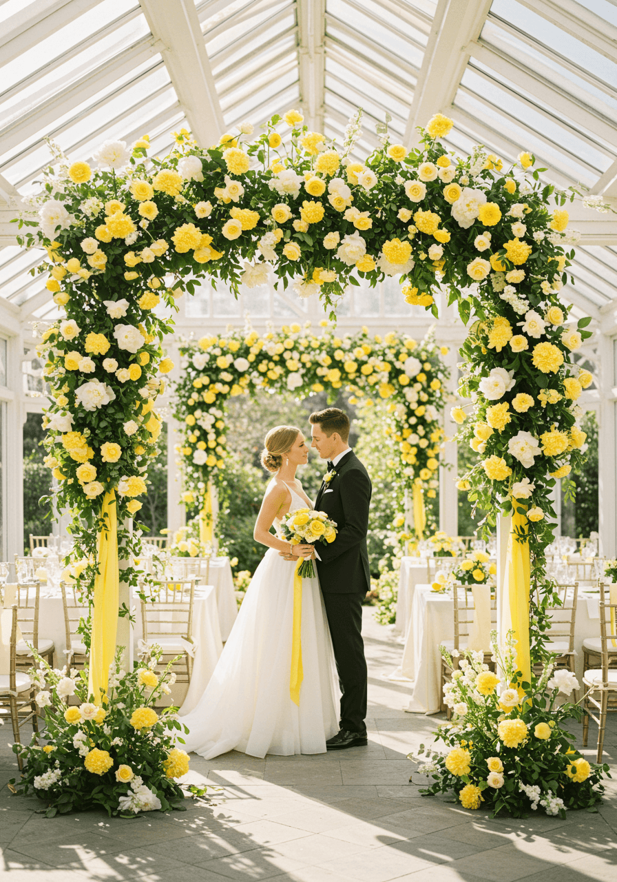 Aerial view of couple surrounded by bright yellow and white floral arrangements in garden pavilion setting