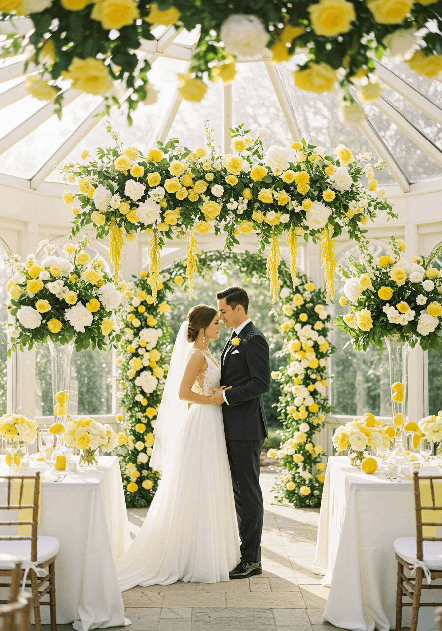 Bride and groom standing in sun-drenched garden pavilion decorated with cascading lemon yellow roses and white peonies