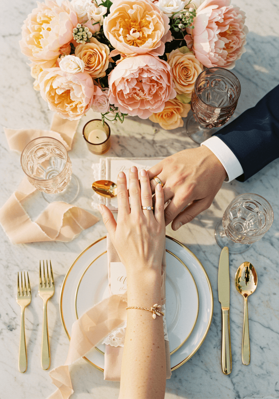 Wide angle of wedding ring shot with peach peonies and elegant gold-accented table setting details