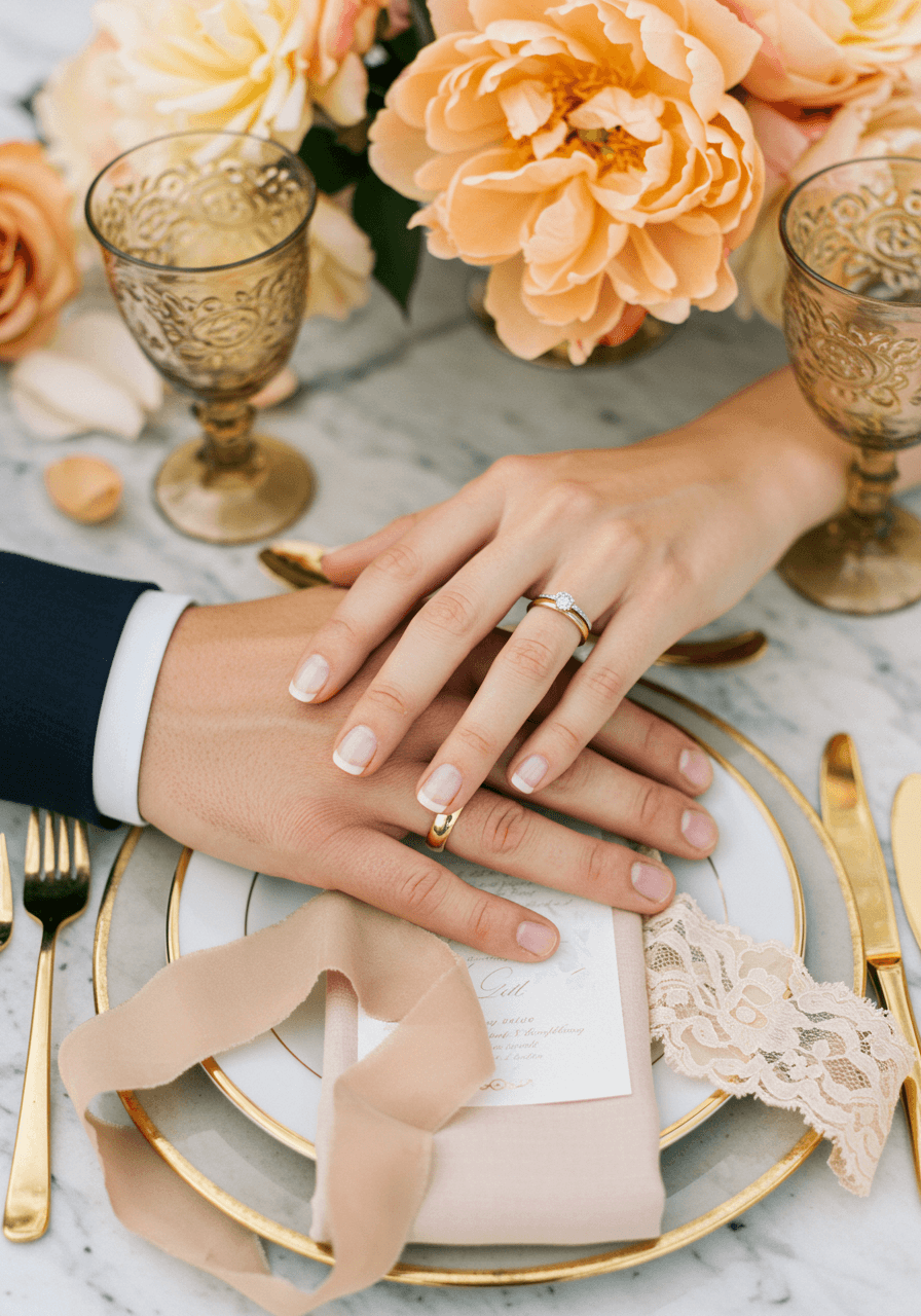 Bride and groom's intertwined hands displaying wedding rings with soft peach peonies and gold table setting on marble surface