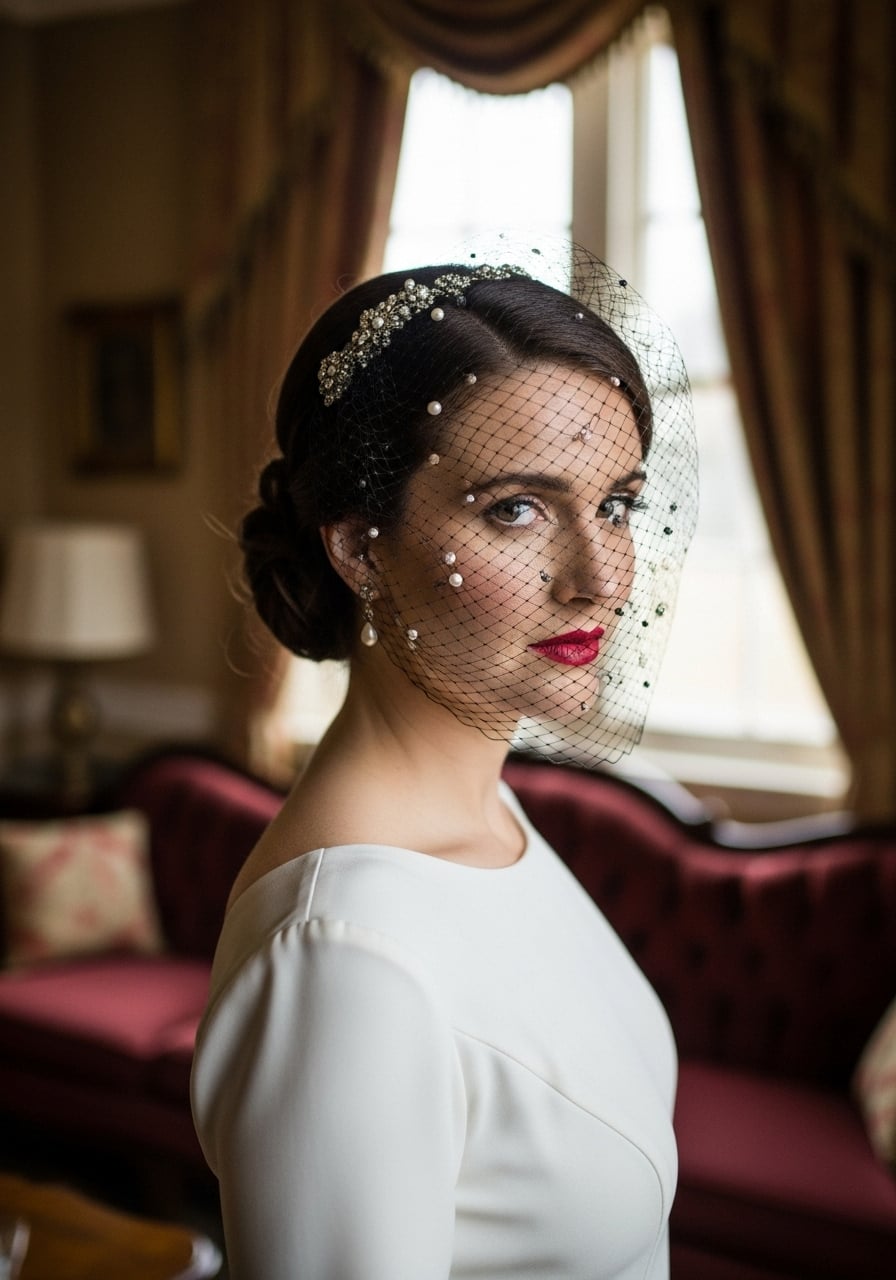 Bride wearing oversized black birdcage veil with vintage brooch in elegant 1940s-inspired suite with velvet furnishings