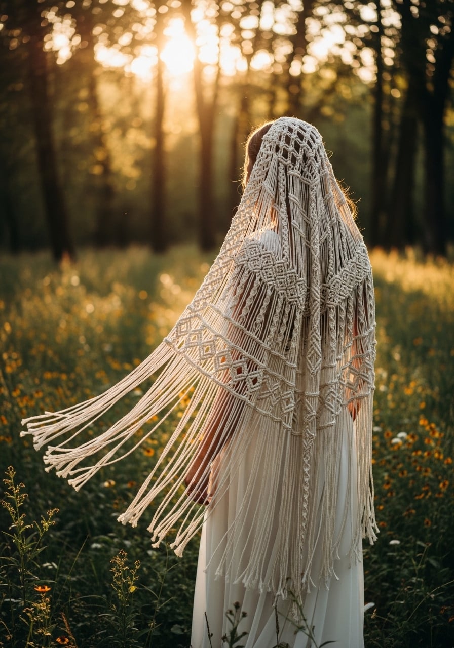 Bride wearing bohemian macramé wedding veil with intricate knotted patterns in sun-dappled forest clearing