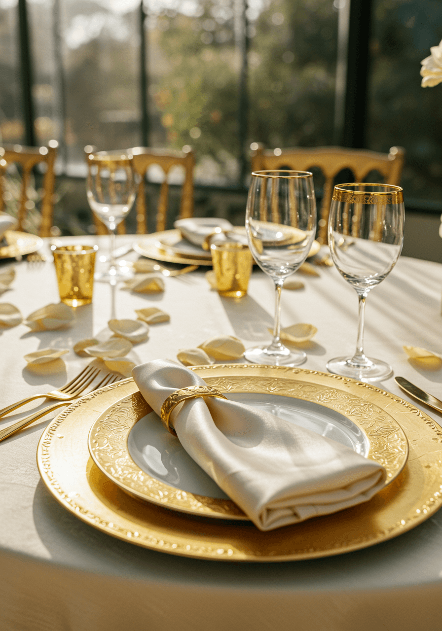 Close-up single gilded place setting with ornate gold charger plate and crystal glasses