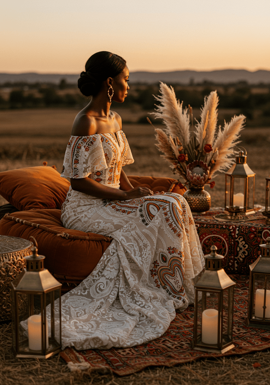 Bride wearing flowing wedding dress with African embroidery sitting gracefully on vintage Moroccan floor cushions in outdoor lounge during sunset