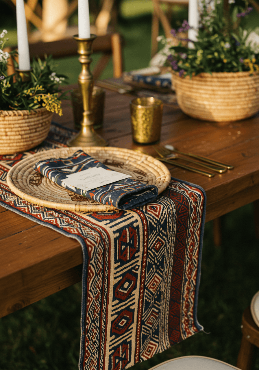 Close-up wedding reception table featuring hand-woven African textile runners with traditional geometric patterns in terracotta, indigo, and cream colors