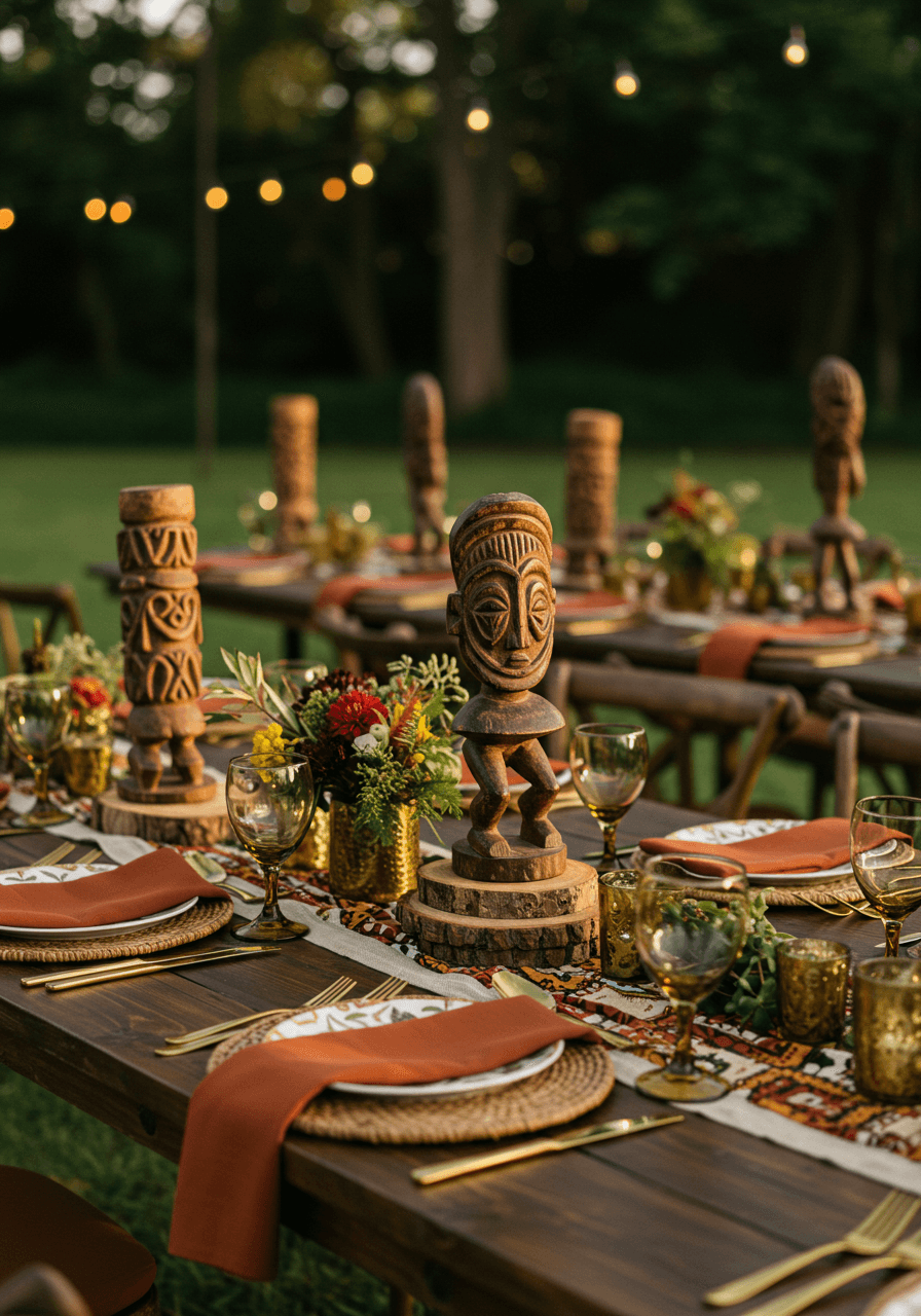 Wedding tablescape featuring traditional African Adinkra symbols as centerpieces in elegant outdoor garden setting during golden hour