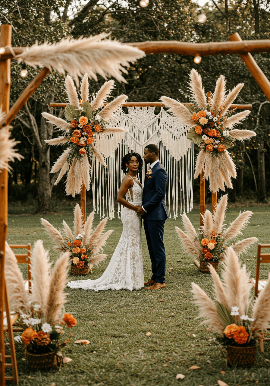 Black bride and groom standing together in natural pampas grass ceremony setting with macrame backdrops and raw wooden arches during golden hour