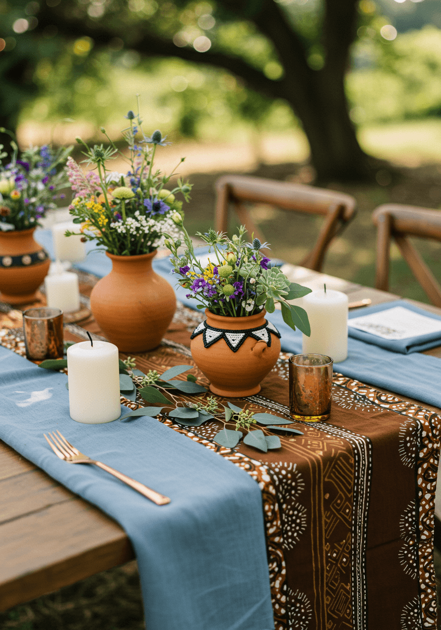 Close-up wedding tablescape featuring African mud cloth table runners with traditional pottery centerpieces filled with wildflowers and succulents in rustic garden setting