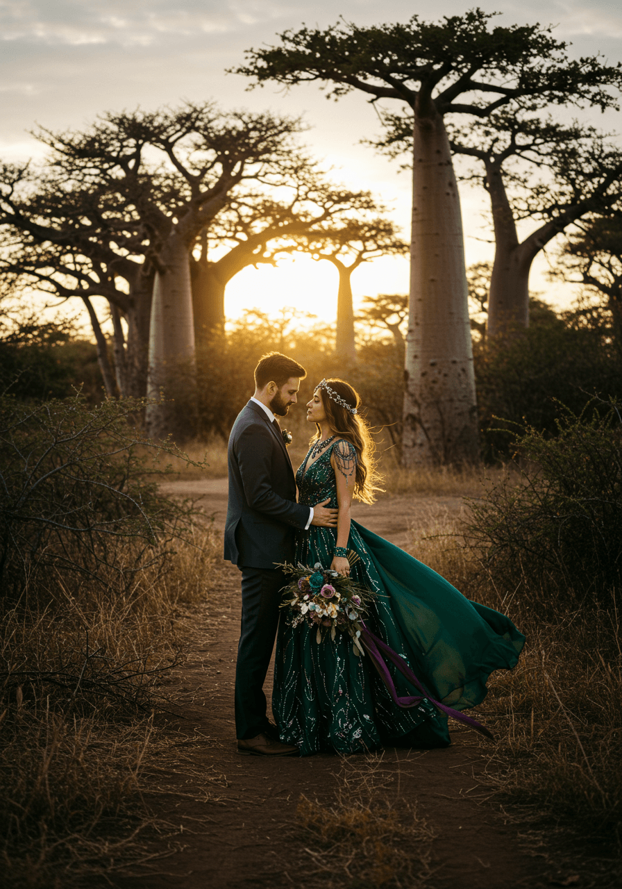 Bride and groom in flowing bohemian wedding attire with jewel-toned accents standing among lush African landscape with baobab trees during golden hour