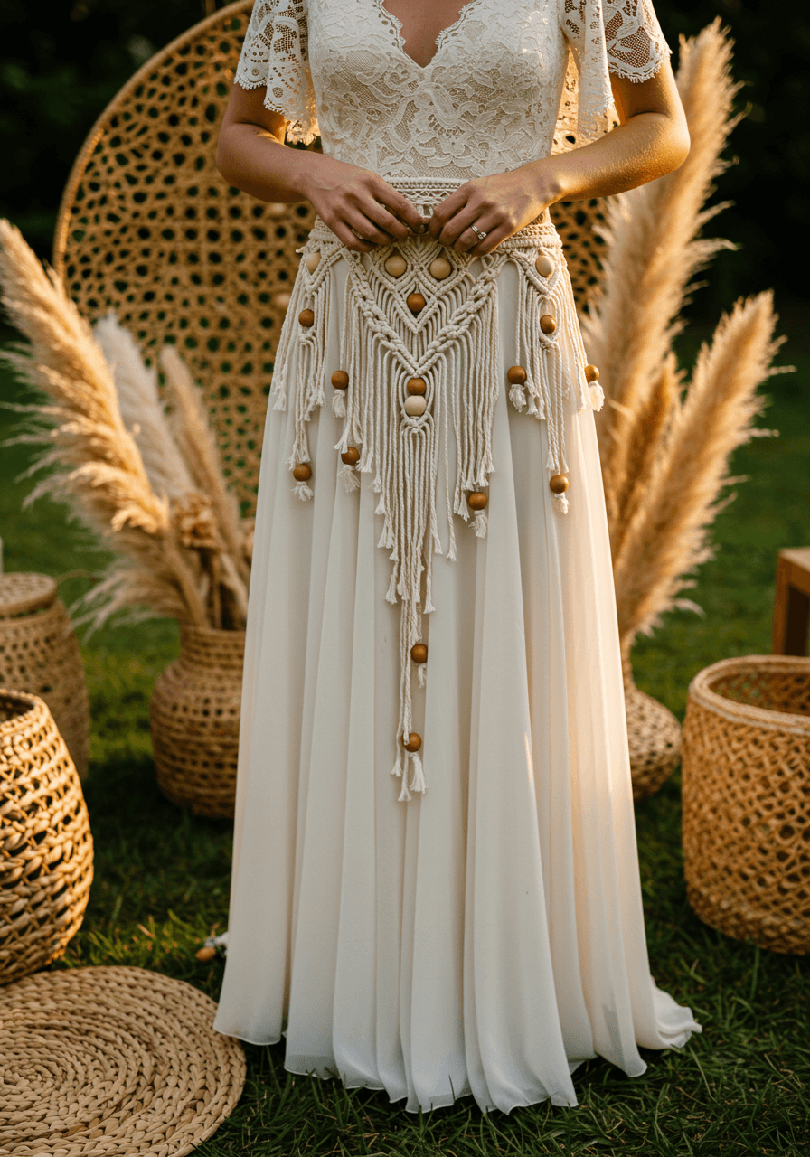Detail shot of macrame wedding dress embellishments and natural wooden bead jewelry against garden backdrop with fiber decorations