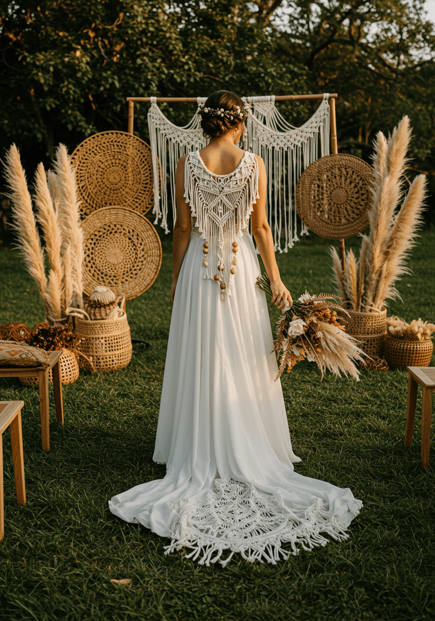 Bride wearing flowing bohemian dress with intricate macrame details and wooden beads in lush garden ceremony space with woven installations