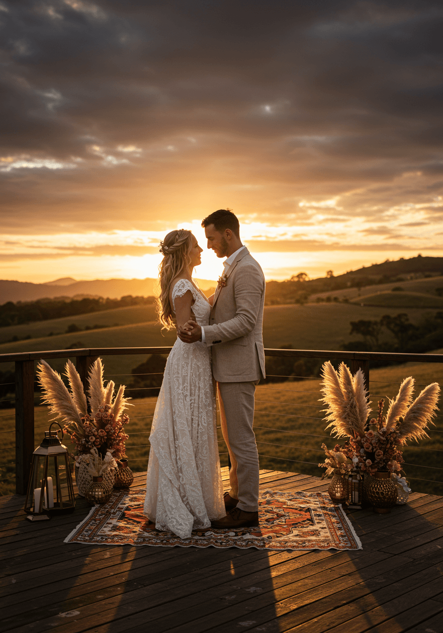 Bride and groom embracing during first dance on wooden deck overlooking rolling hills with dramatic sunset colors and pampas grass arrangements