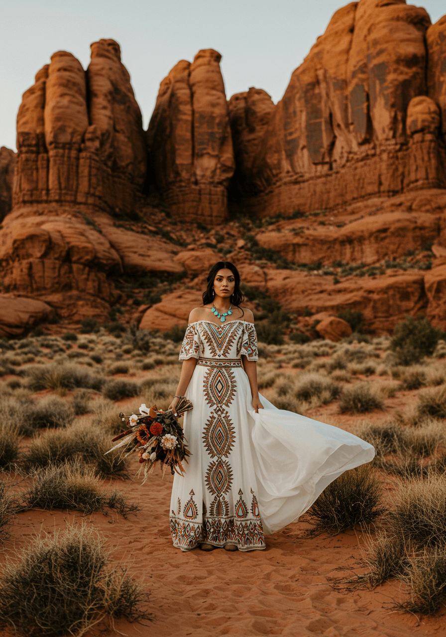 Bride wearing flowing bohemian wedding dress with African-inspired embroidery standing among towering red rock formations and desert wildflowers during late afternoon