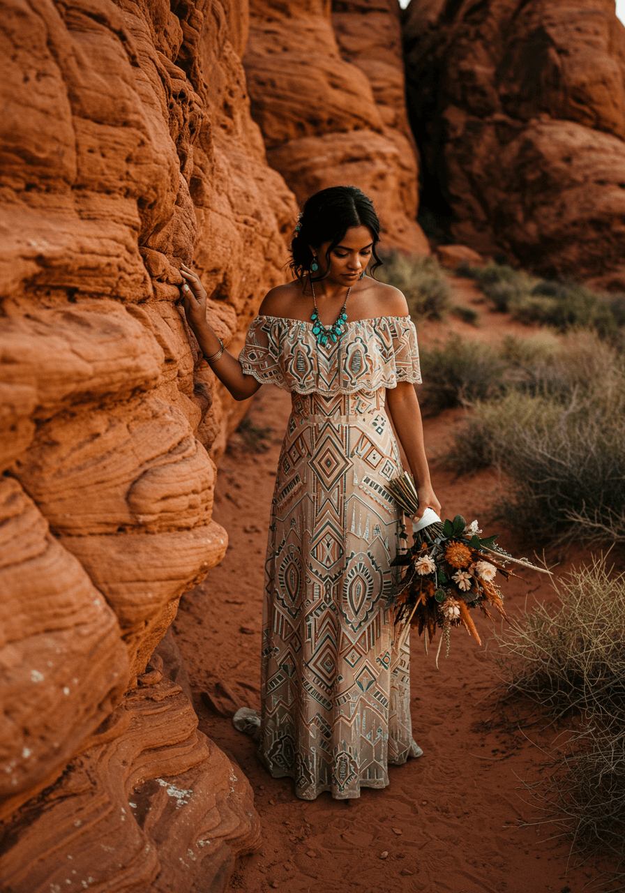 Desert bridal portrait showcasing geometric embroidered gown against dramatic sandstone backdrop with wild desert blooms during golden hour
